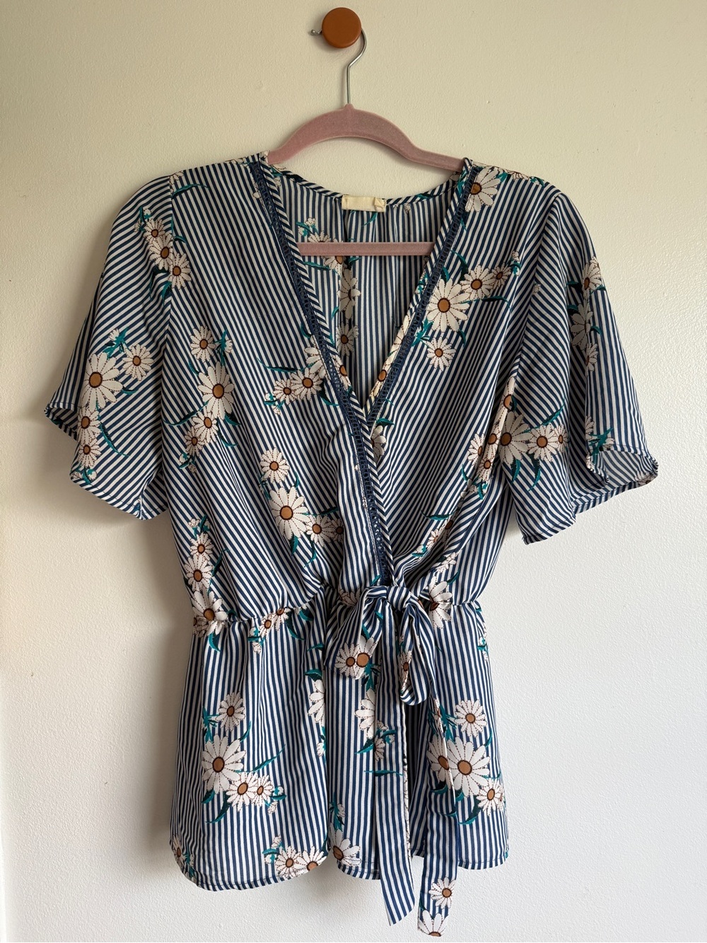 Sienna Sky Blue & White Striped V Neck Floral Top